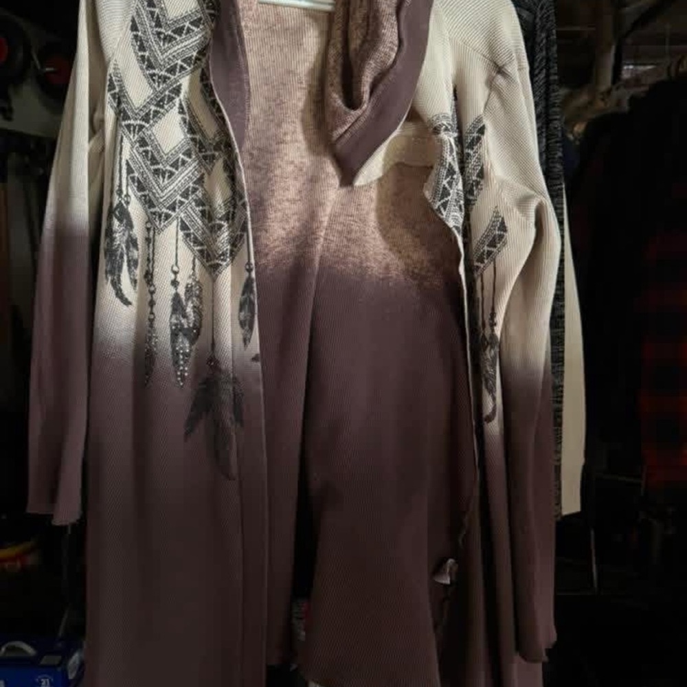 Vocal cardigans (2)  size large ombré/feathers  gray and black with rhinestones